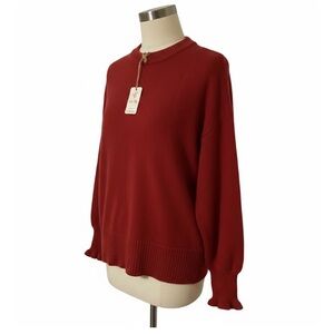 Sage + Fig Ruffle Cuff Knit Sweater in Burnt Red